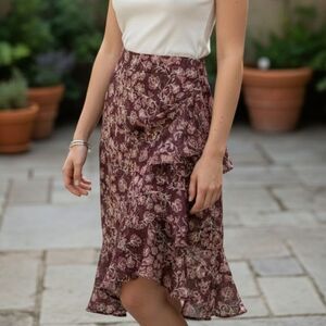 Knox Rose Burgundy Maroon Floral Ruffle Asymmetrical Draped Hi Lo Midi Skirt M